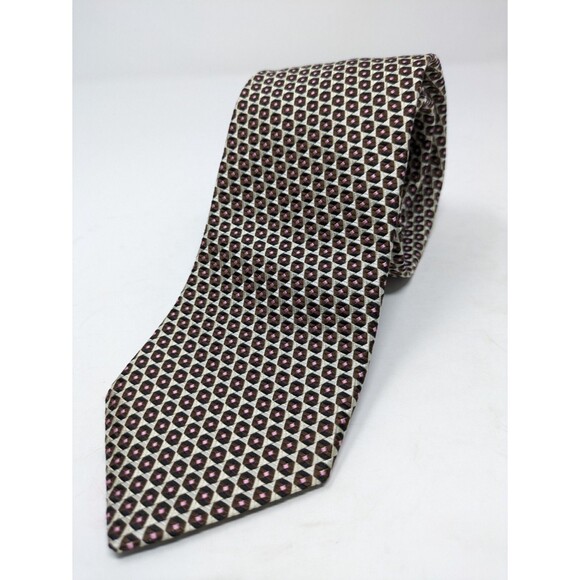 HUGO BOSS Men's Designer Silk Neck Tie Made In Italy Cream Brown Pink Geometric - Picture 1 of 6